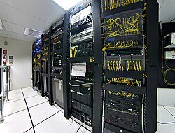 Network cabinets housing the recording and switching equipment for an IP camera system.